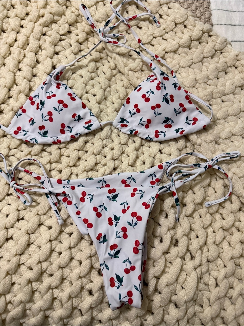 White Cherry Print Tie-Side Bikini